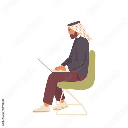 Arabic business man with laptop working on internet holding online conference isolated on white