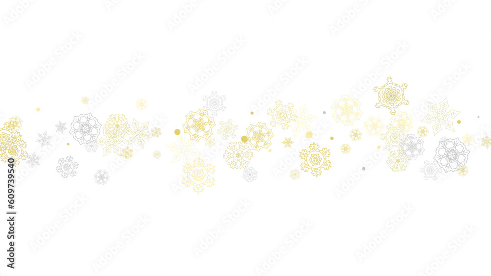 Gold snowflakes frame on black background. New year theme. Horizontal shiny Christmas frame for holiday banner, card, sale, special offer. Falling snow with gold snowflake and glitter for party invite