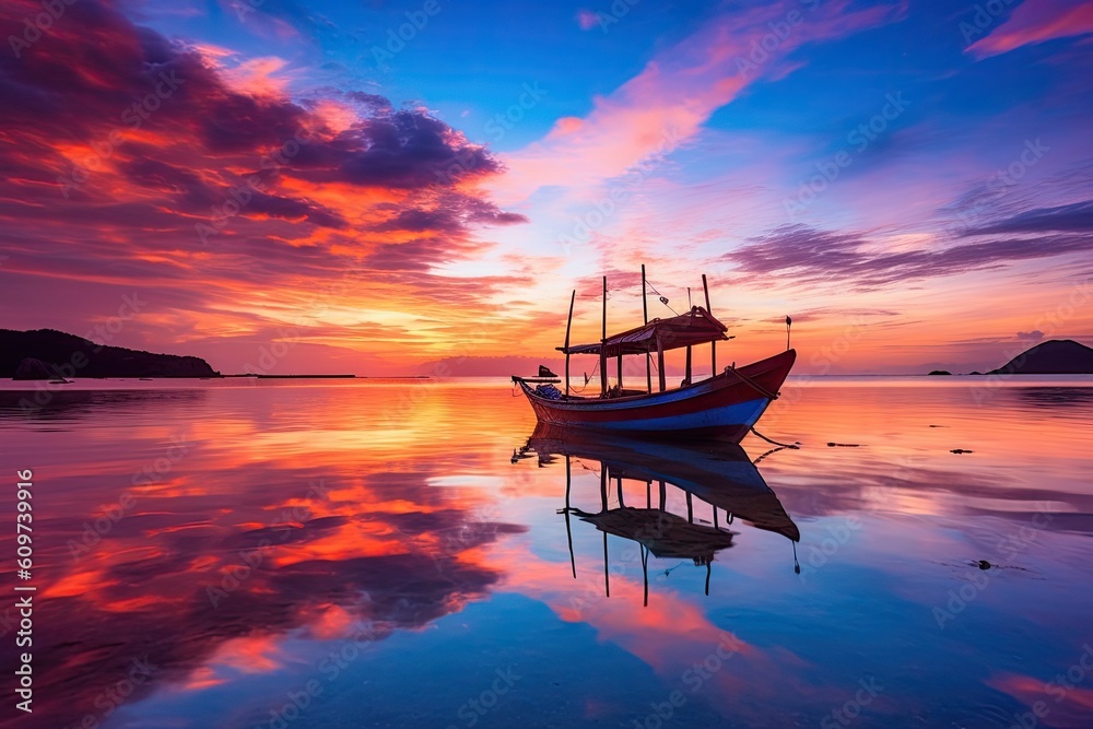 Fototapeta premium small_boat_sitting_on_a_beach_at_sunset