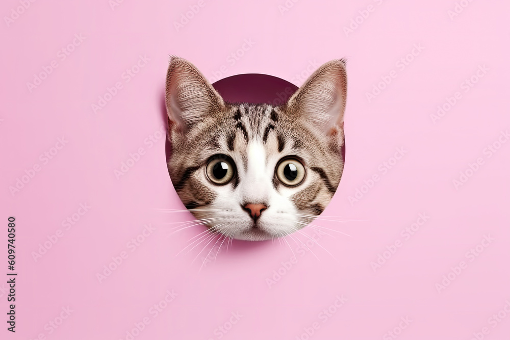 Surprised Cute Kitten Leaning Out of Rounded Hole on Pink Background. AI generative.