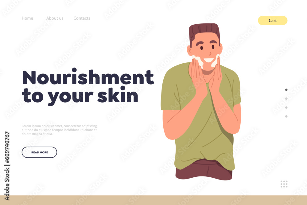 Nourishment to your skin landing page template with happy man character applying natural cosmetics Nourishment to your skin landing page template with happy man character applying natural cosmetics