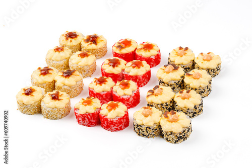 set of rolls with salmon shrimp avocado on white background for online food delivery website 1
