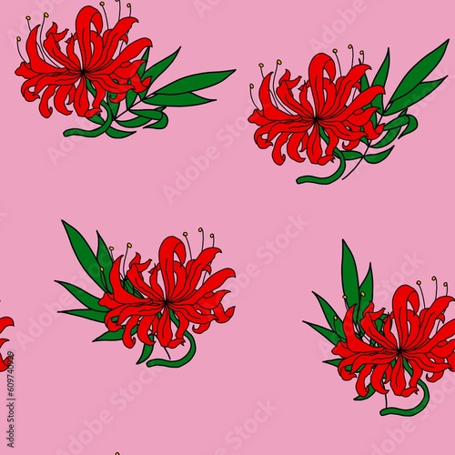 abstract background. pattern with red lilies and green flowers. on a pink background