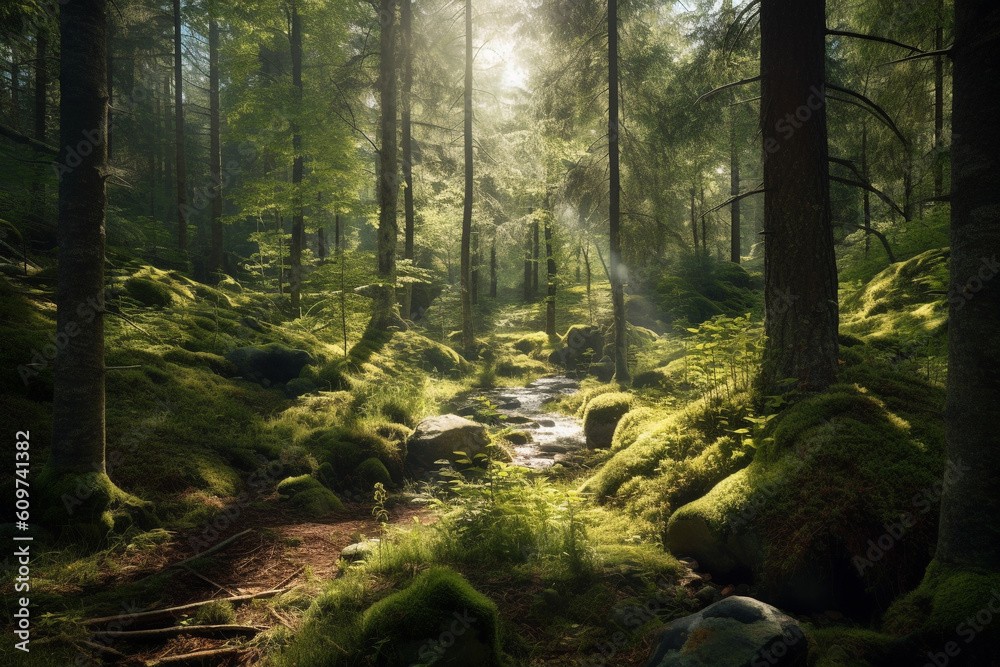 Fototapeta premium scandinavian forest with many trees, lots of green moss and sunshine made with Generative AI