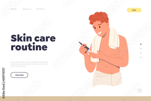Skin care routine landing page with happy handsome man character applying after shave cream