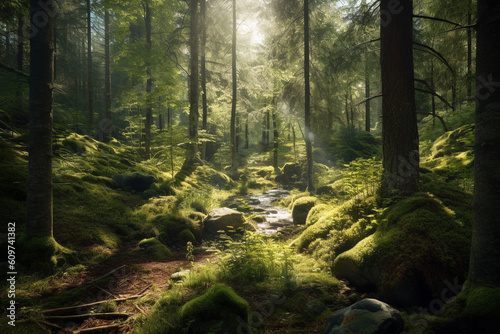 scandinavian forest with many trees  lots of green moss and sunshine made with Generative AI