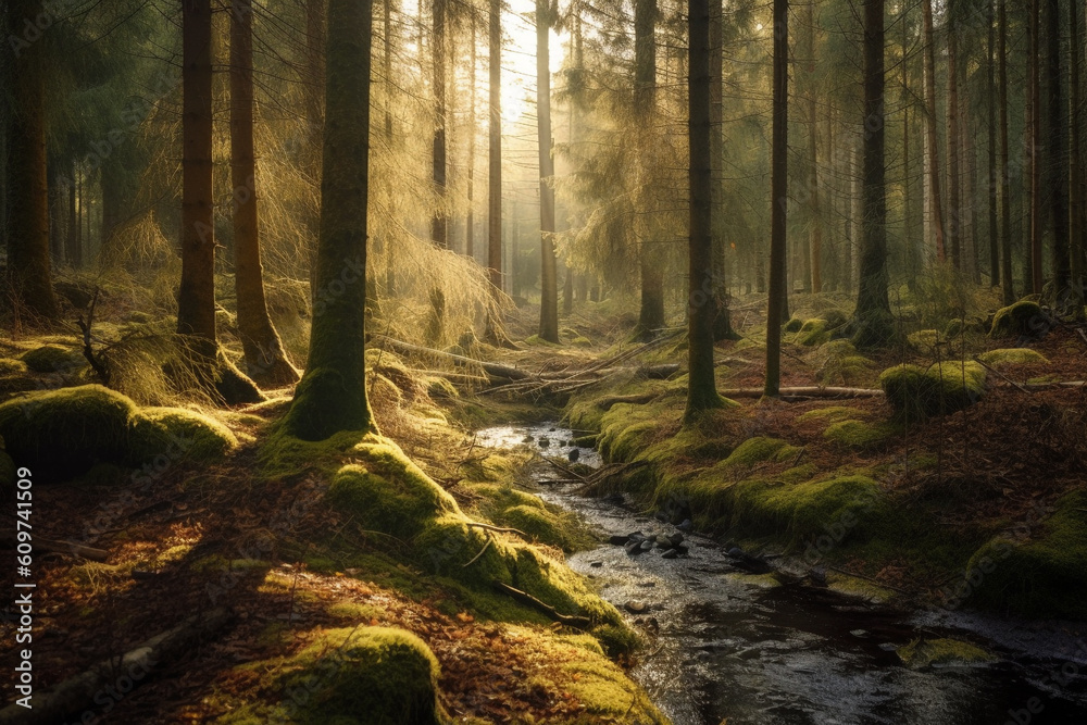 Fototapeta premium scandinavian forest with many trees and a river, lots of green moss and sunshine made with Generative AI