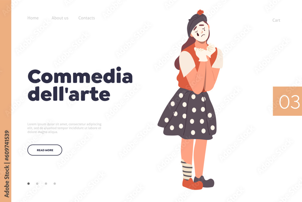 Commedia dell arte advertising landing page design template with female actress of Italian theatre Commedia dell arte advertising landing page design template with female actress of Italian theatre