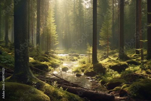 scandinavian forest with many trees and a river, lots of green moss and sunshine made with Generative AI