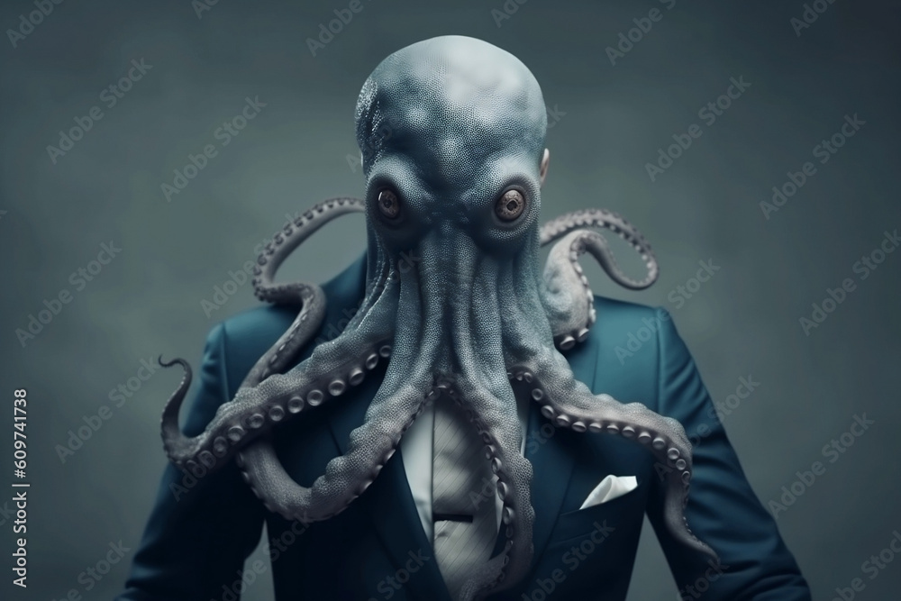Portrait of a Octopus dressed in a formal business suit, created with generative AI Portrait of a Octopus dressed in a formal business suit, created with generative AI