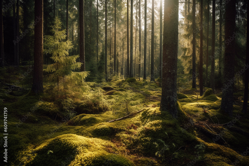 Fototapeta premium scandinavian forest with many trees, lots of green moss and sunshine made with Generative AI