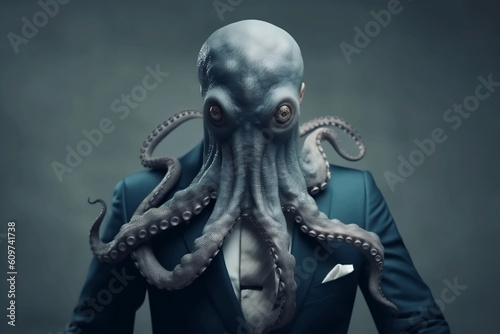 Portrait of a Octopus dressed in a formal business suit, created with generative AI