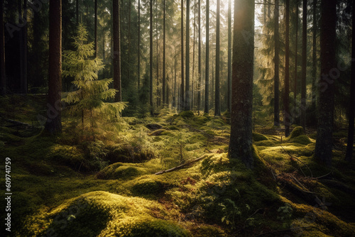scandinavian forest with many trees, lots of green moss and sunshine made with Generative AI © Marvin