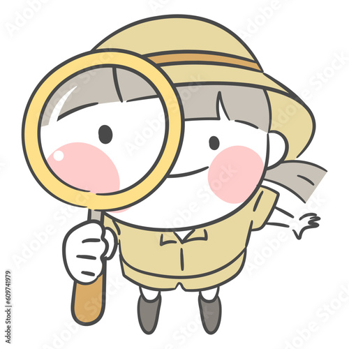 돋보기로 관찰하는 탐험가 캐릭터 일러스트