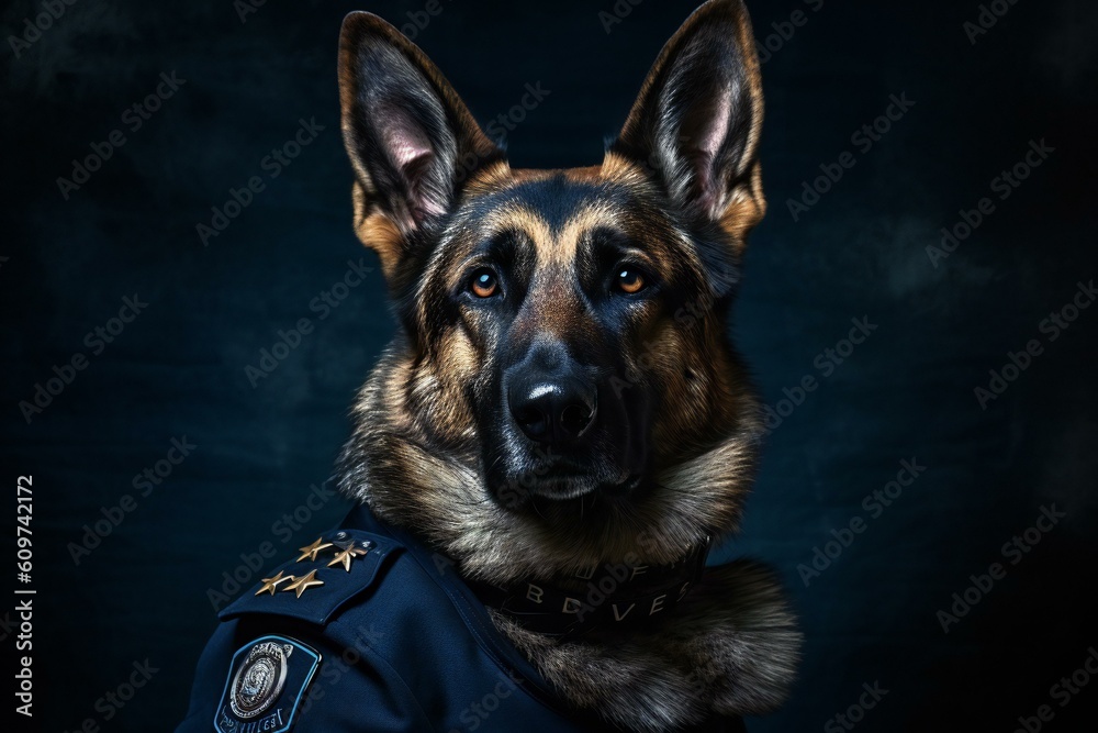 German shepherd police dog wearing a police uniform. Generative AI