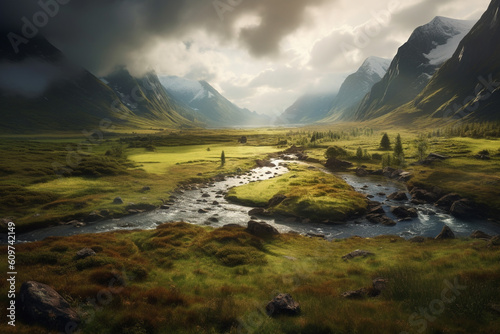 stunning scandinavian landscape with mountains, many pine trees and sunrise made with Generative AI