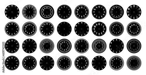 Mechanical clock faces, watch dial with numerals, bezel. Timer or stopwatch element with minute, hour marks and numbers. Blank measuring circle scale with divisions. Vector illustration
