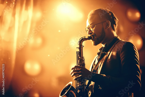 Jazz saxophonist in a shiny sparkling jacket, performing on a stage illuminated by concert golden lights, created with Generative AI