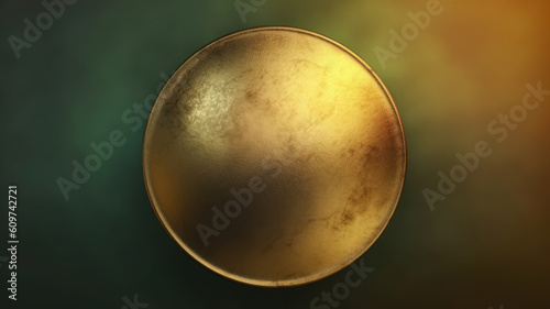Abstract green and gold painted background with gold disc in center