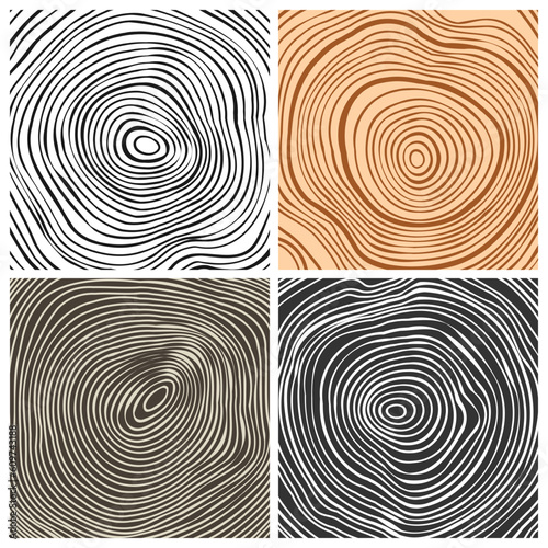 Tree trunk cut textures, pine or oak slice. Sawn timber, wood. Brown wooden texture with tree rings. Hand drawn sketch. Vector illustration