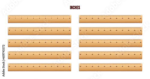 Realistic various wooden rulers with measurement scale and divisions, measure marks. School ruler, centimeter and inch scale for length measuring. Office supplies. Vector illustration