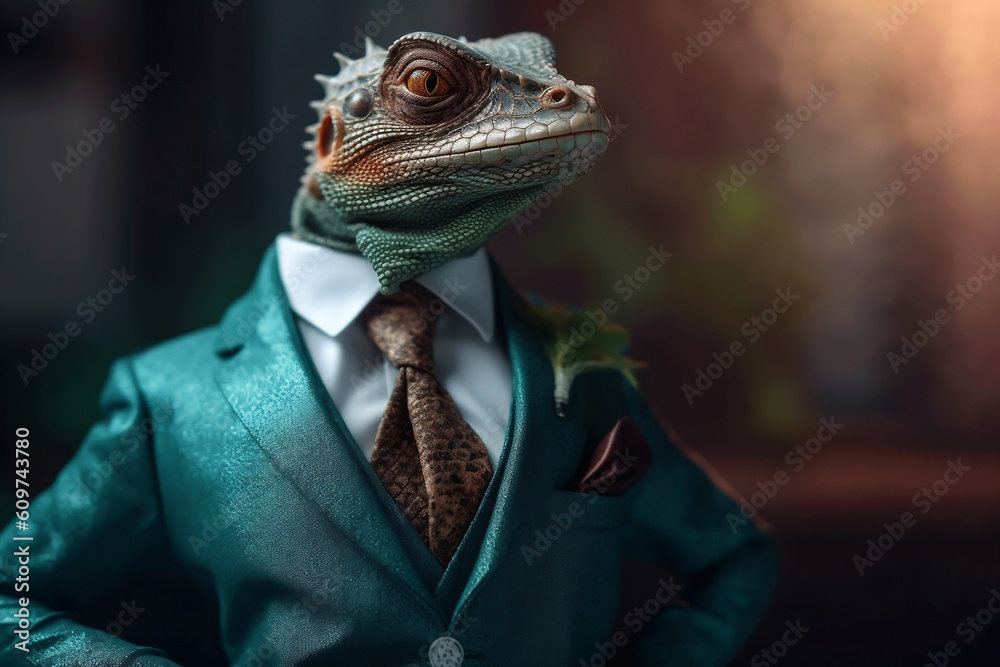 Portrait of a Lizard dressed in a formal business suit, created with generative AI Portrait of a Lizard dressed in a formal business suit, created with generative AI