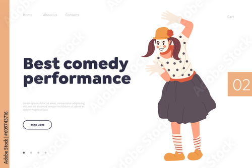 Best comedian performance landing page design template with joyful funny female clown character