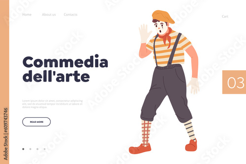 Commedia dell arte promotion landing page design template with male mime cartoon character