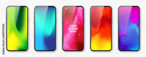 Smartphone with touch screen and abstract colorful background, wallpaper. Frameless mobile phone in front view. High quality detailed device mockup. Vector illustration