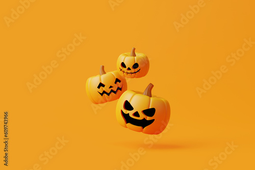 Jack-o-Lantern pumpkins floating on orange background. Happy Halloween concept. Traditional october holiday. 3d rendering illustration