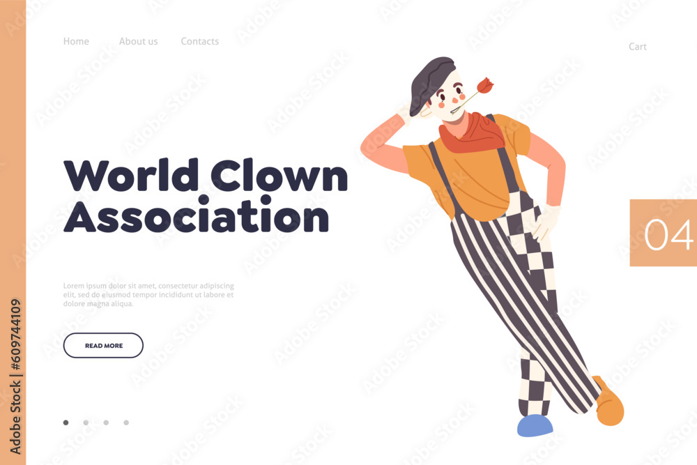 World clown association landing page design template offering funny artistic show for children