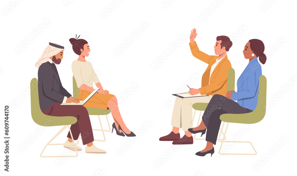 Fototapeta premium Multiethnic people audience sitting on chairs and taking part in international press conference