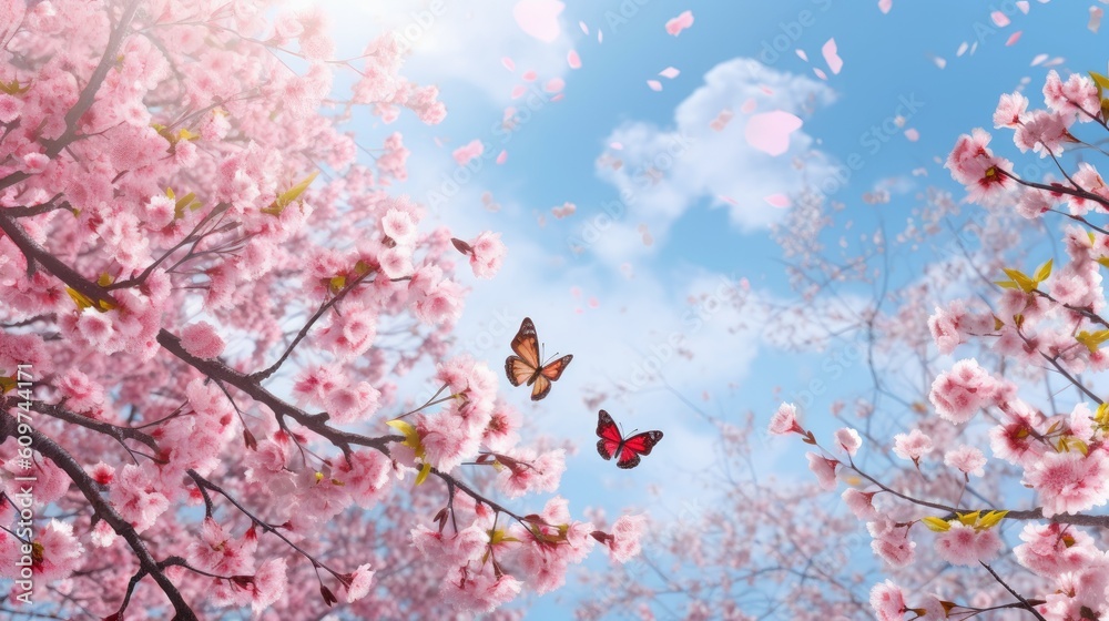 Large - format spring image of blooming nature. Branches of pink cherry blossoms and fluttering butterflies against a blue sky with clouds on bright sunny day - generative AI Large - format spring image of blooming nature. Branches of pink cherry blossoms and fluttering butterflies against a blue sky with clouds on bright sunny day - generative AI