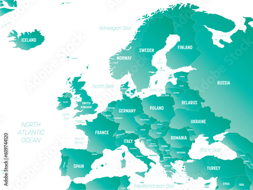 Europe - high detailed political map of european continent with country, ocean and sea names labeling.