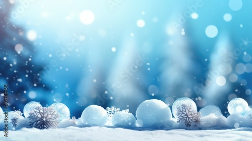 Winter snow background with snowdrifts, with beautiful light and snow flakes on the blue sky, beautiful bokeh circles, banner format, copy space - generative AI © Nadine