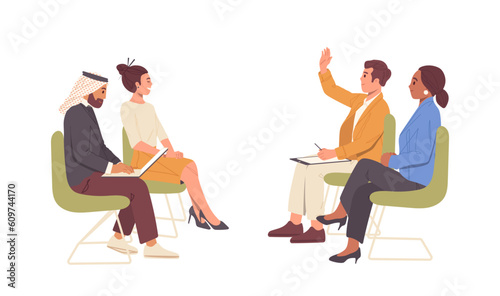 Multiethnic people audience sitting on chairs and taking part in international press conference