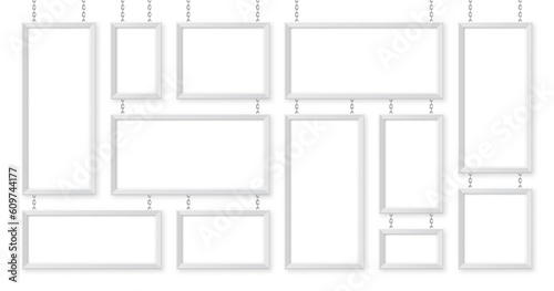 White signboards hanging on a metal chain. Restaurant menu board. Modern poster mockup. Blank photo or picture frame. Advertising or presentation boards. Street banner. Vector illustration