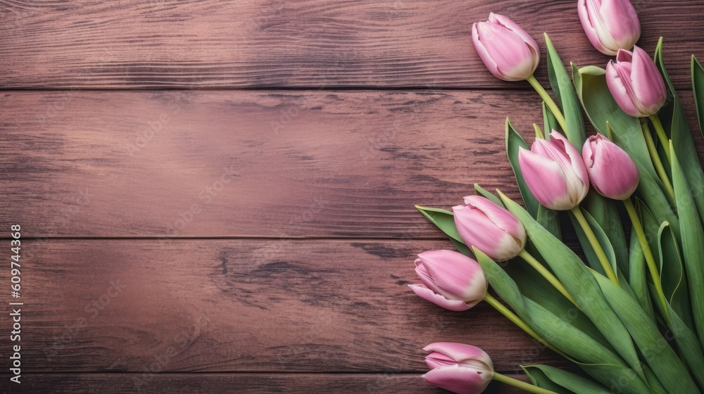 Tulip border with copy space. Beautiful frame composition of spring flowers. Bouquet of pink tulips flowers on pink vintage wooden background - generative AI Tulip border with copy space. Beautiful frame composition of spring flowers. Bouquet of pink tulips flowers on pink vintage wooden background - generative AI