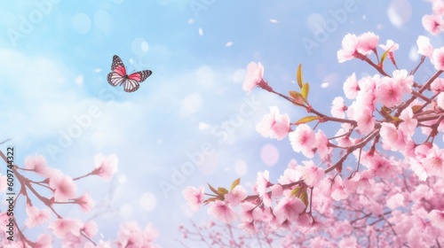 Spring banner, branches of blossoming cherry against background of blue sky and butterflies on nature outdoors. Pink sakura flowers, dreamy romantic image spring, landscape panorama - generative AI