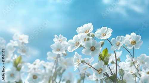 Spring forest white flowers primroses on a beautiful blue background macro. Blurred gentle sky - blue background. Floral nature background  free space for text - generative AI