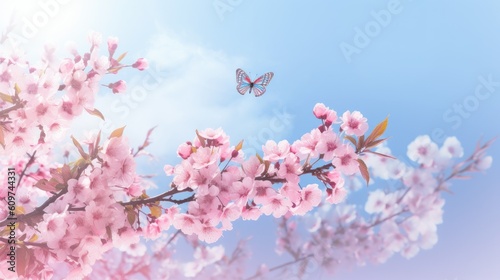 Spring banner  branches of blossoming cherry against background of blue sky and butterflies on nature outdoors. Pink sakura flowers  dreamy romantic image spring  landscape panorama - generative AI