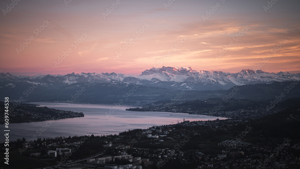 The Alps over Lake Zurich in a late pink afternoon 1