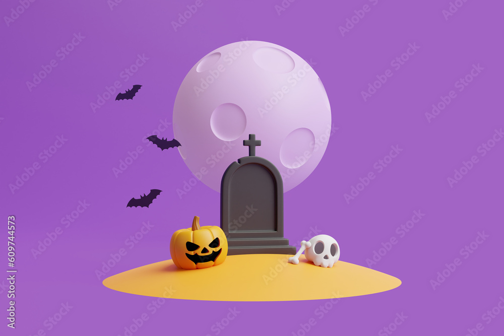 Jack-o-Lantern pumpkin with skull, bone, bats and grave under the moon on purple background. Happy Halloween concept. Traditional october holiday. 3d rendering illustration