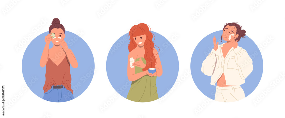 Skin care routine composition set with happy young woman characters using natural organic cosmetics Skin care routine composition set with happy young woman characters using natural organic cosmetics