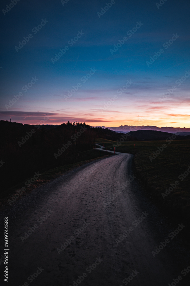 A path over the hills towards the Alps during blue hour