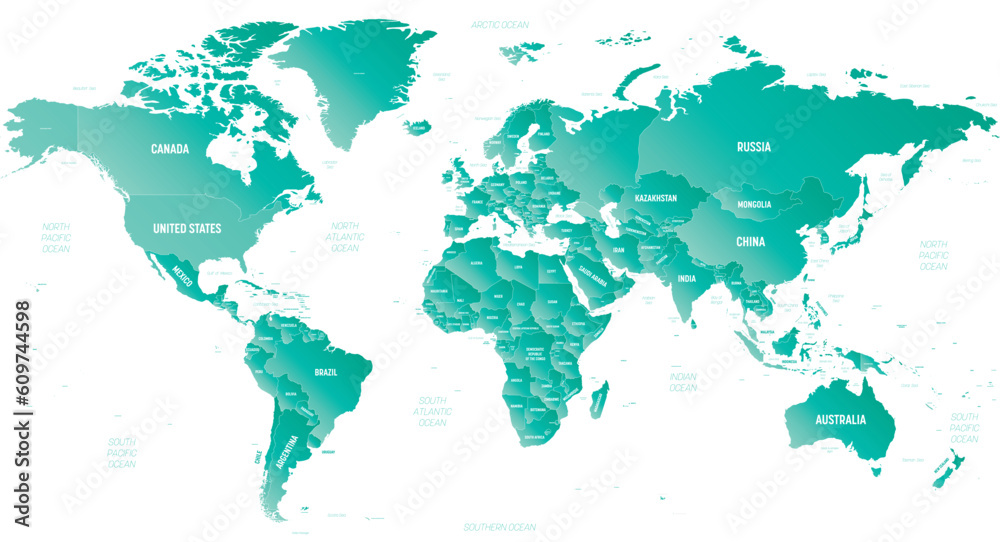 World - high detailed political map of World with country, ocean and sea names labeling.