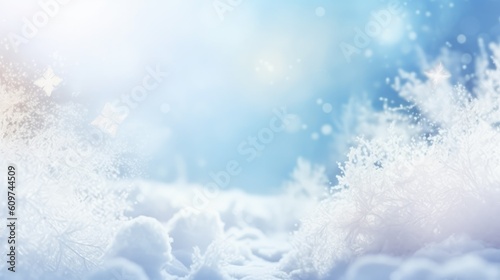 Winter snow background with snowdrifts, with beautiful light and snow flakes on the blue sky, beautiful bokeh circles, banner format, copy space - generative AI © Nadine