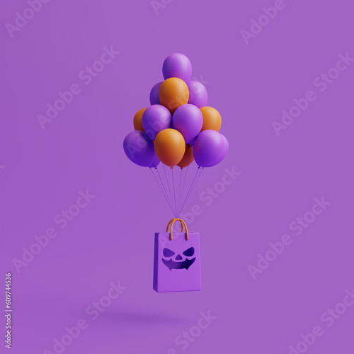 Jack-o-lantern pumpkin shopping bag and balloons floating on purple background. Happy Halloween concept. Traditional october holiday. 3d rendering illustration