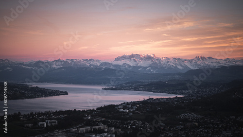 The Alps over Lake Zurich in a late pink afternoon 1