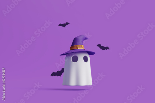 Simple halloween cartoon ghost wearing witch hat with black bats on purple background. Happy Halloween concept. Traditional october holiday. 3d rendering illustration